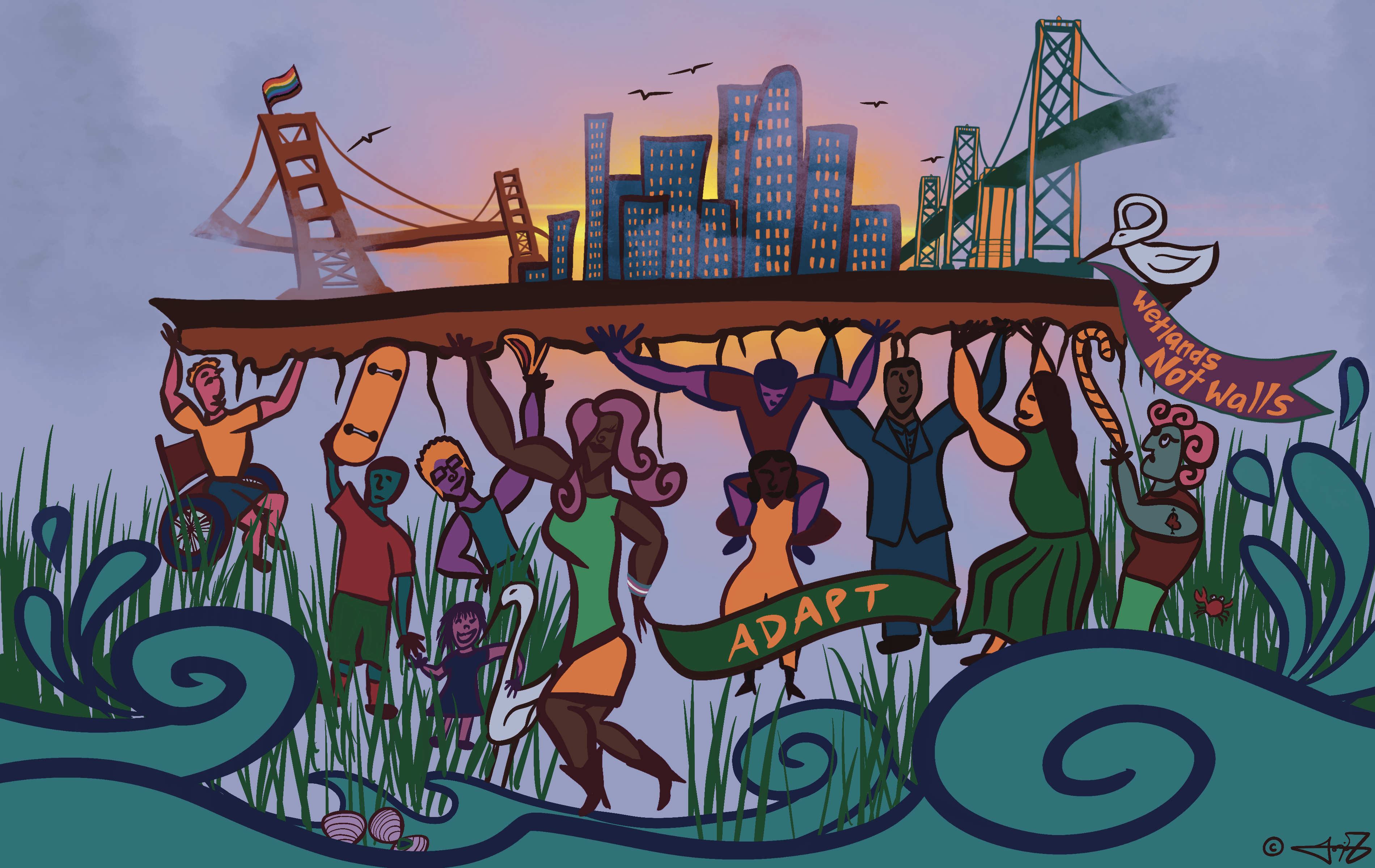 Illustration in bright colors showing people of diverse cultures and ages holding up Bay Area cities and bridges on a platform.