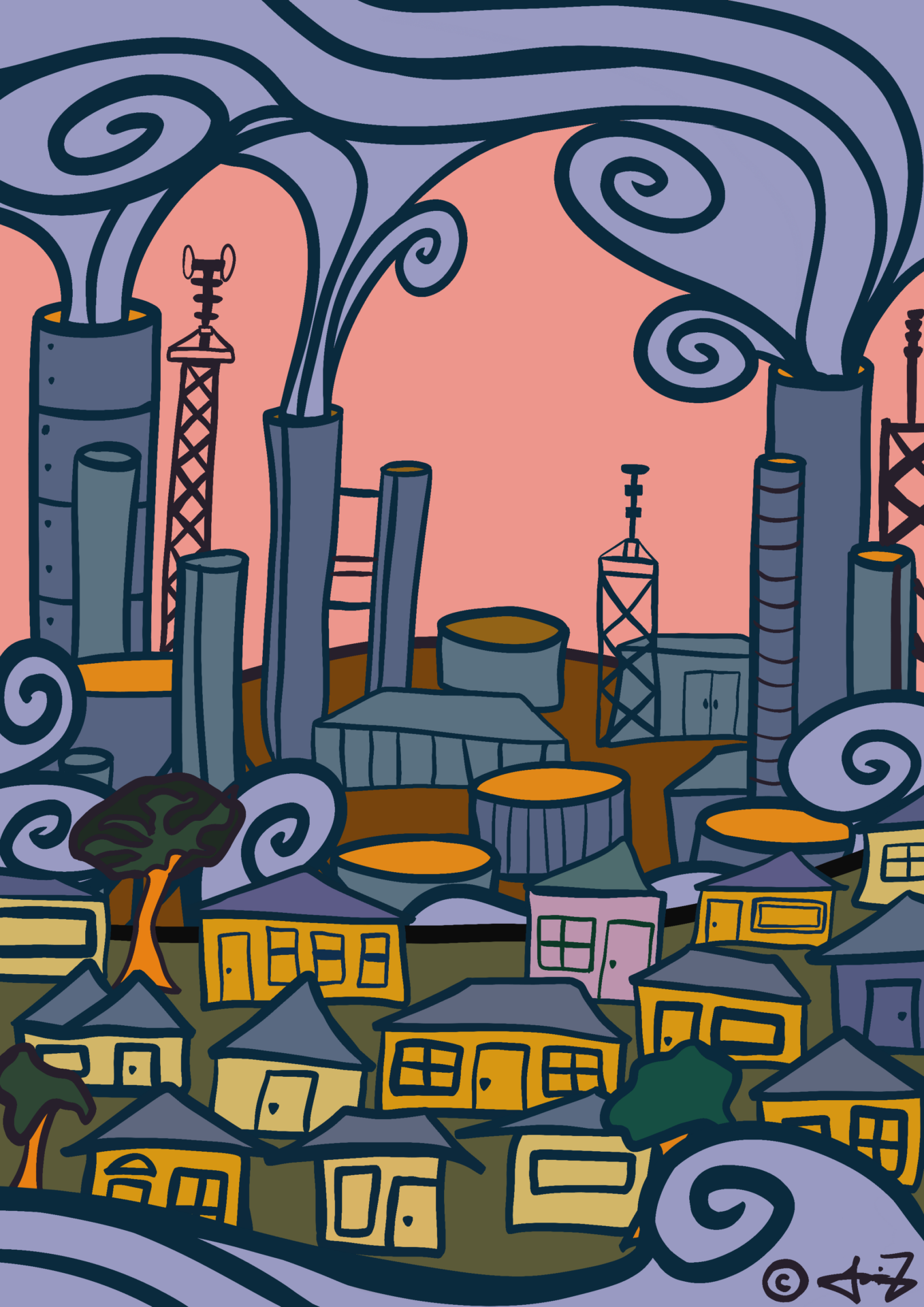 Drawing of purple smokestacks of oil refineries next to little houses, art by Sophia Zaleski