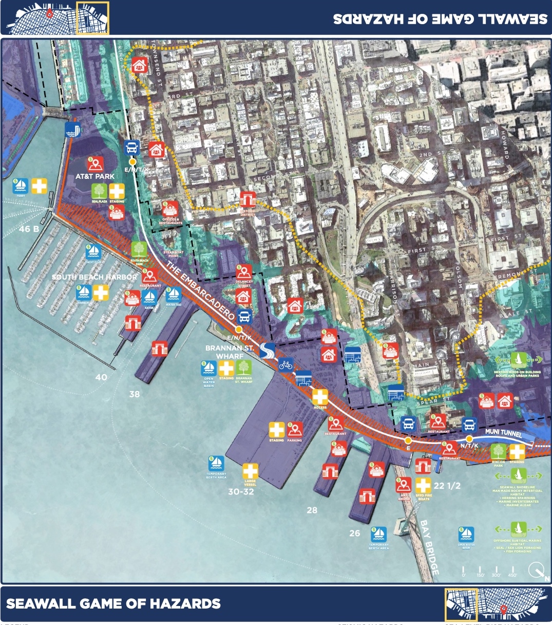 colorful sameboard map showing sea level rise hazards on the SF shore on embarcadero