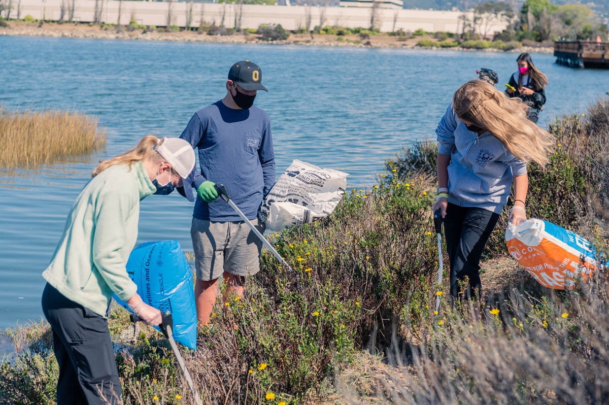 a group cleans trash from the shore