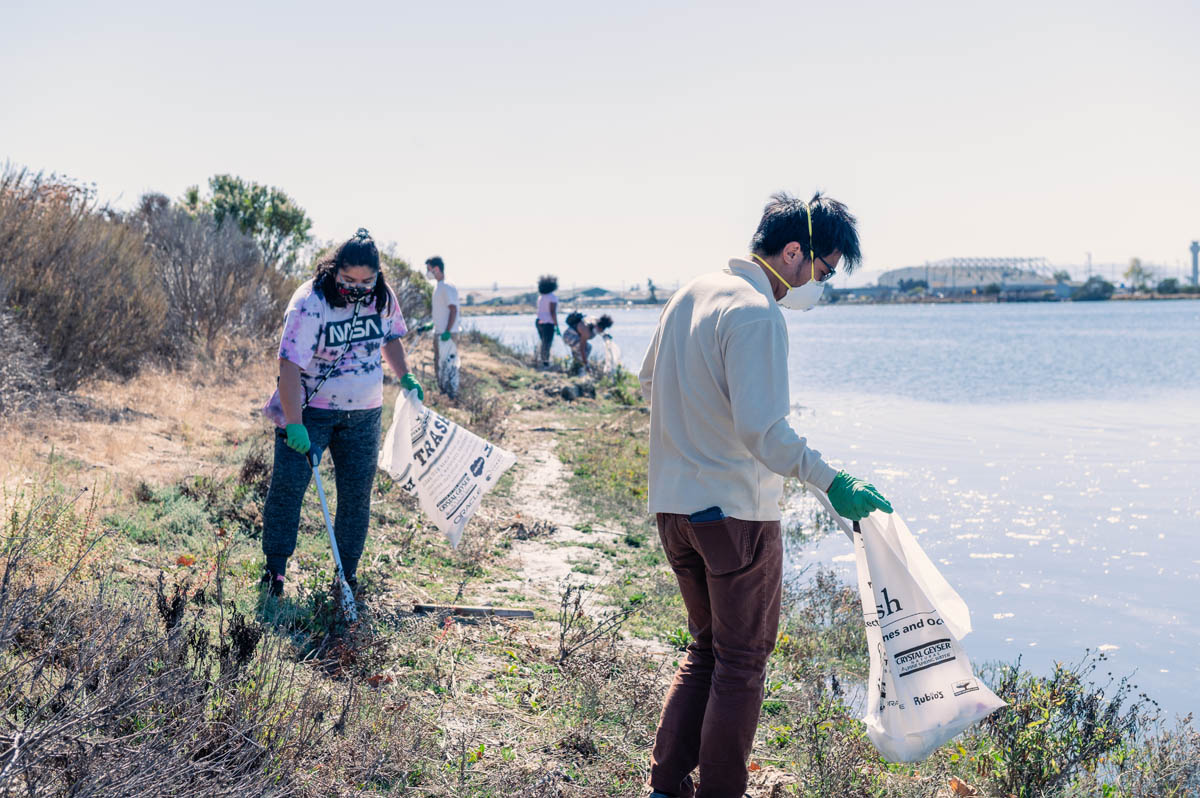 people picking up litter on waterfront