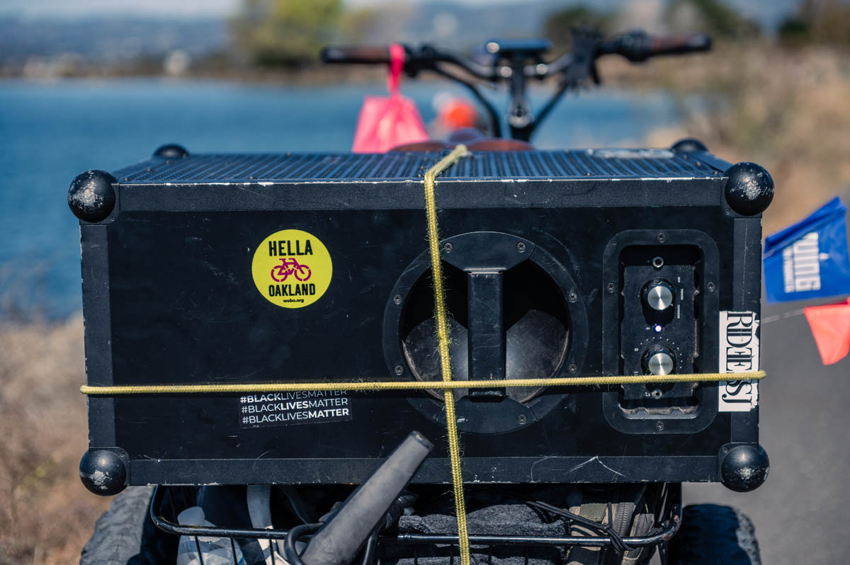 boombox on the back of a bike