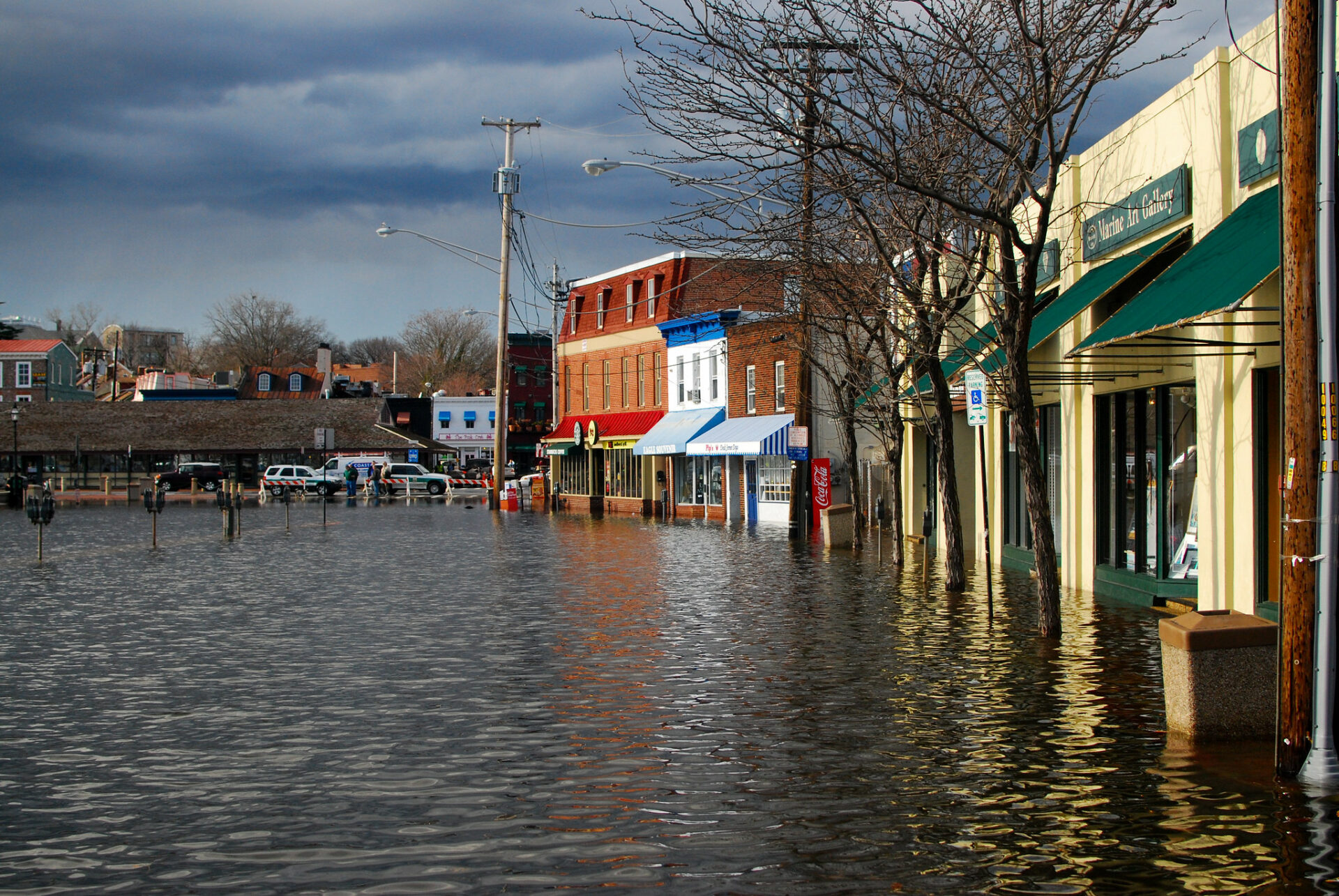 Flooded town block.