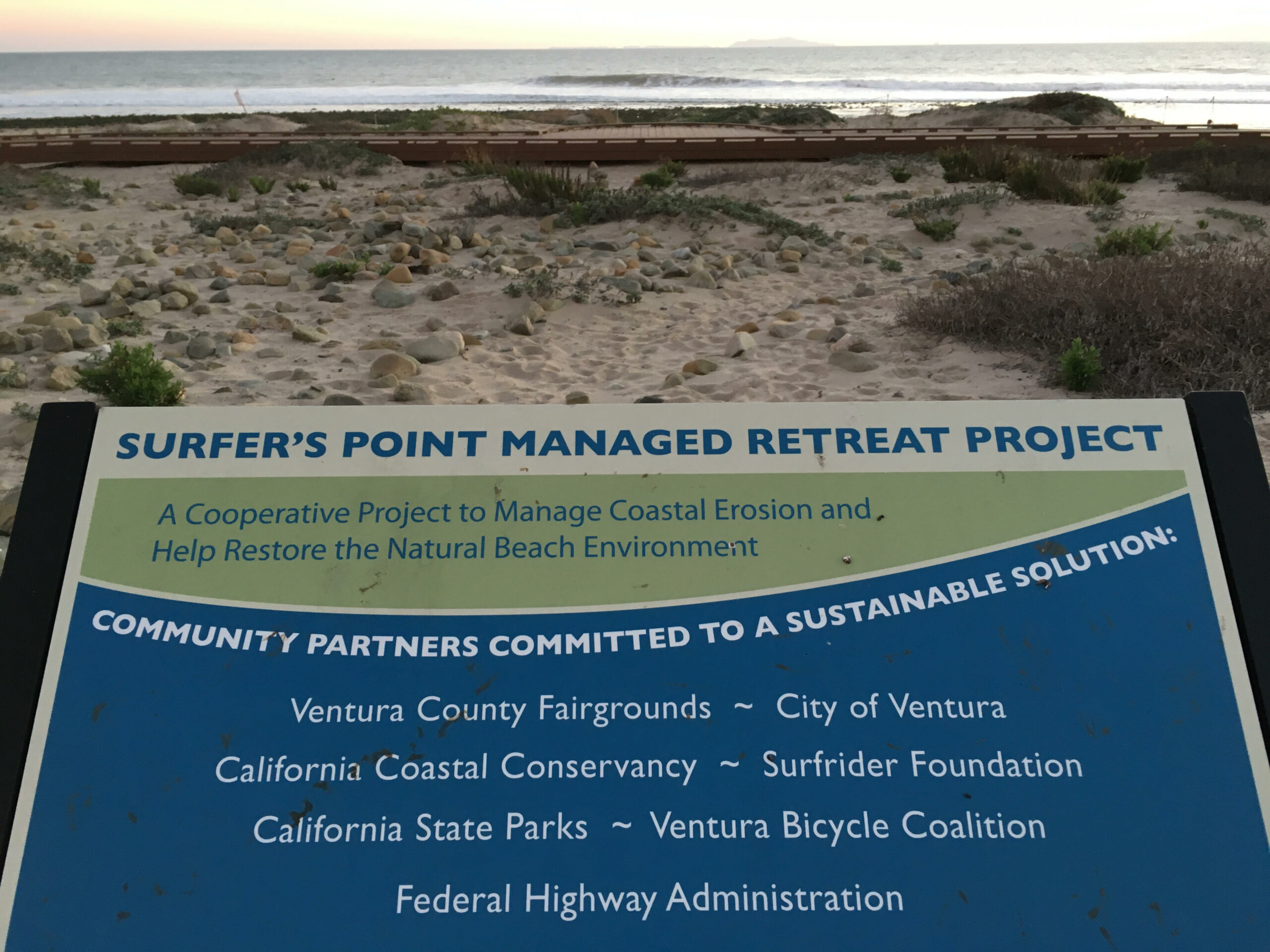 Surfers Point managed retreat project informational sign.