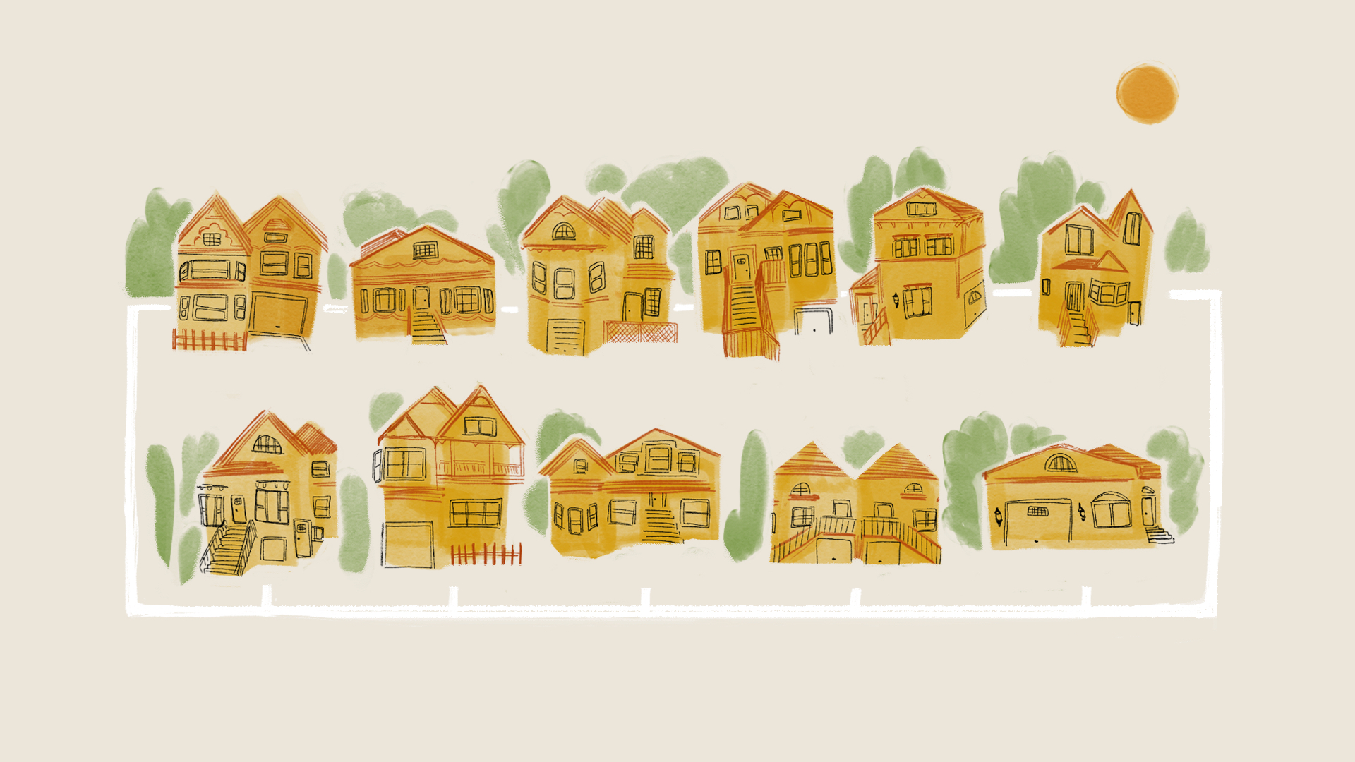 drawing of small houses in Oakland