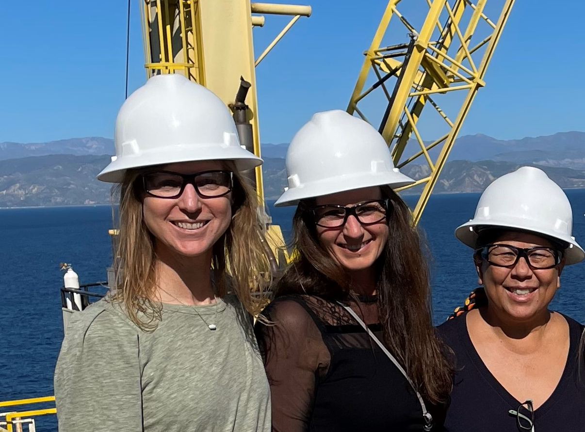 The State Lands Commission’s Jennifer Lucchesi (left) with colleague Sheri Pemberton (middle) and former CA State Controller Chair Betty Yee (right) on a federal offshore oil platform in 2022.