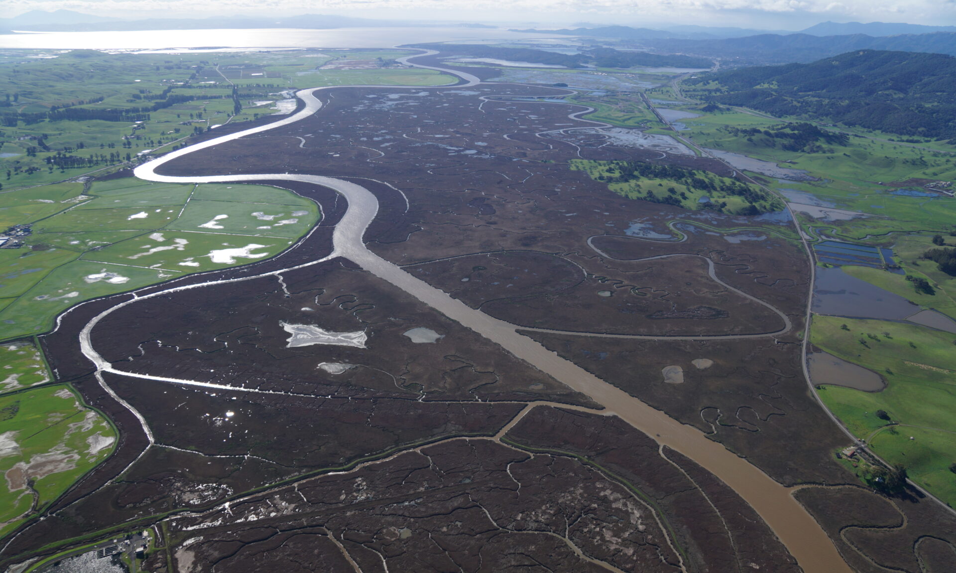 Looking south over the Petaluma River Valley which includes the region's largest intact “ancient” tidal marsh, immature restoring marshes, diked pastures and transition zones to the watershed. While opportunities exist to restore and connect, the SMART tracks, SR 37, Lakeville Highway, and levees present significant barriers. Photo: Robert Janover, Courtesy Sonoma Land Trust.