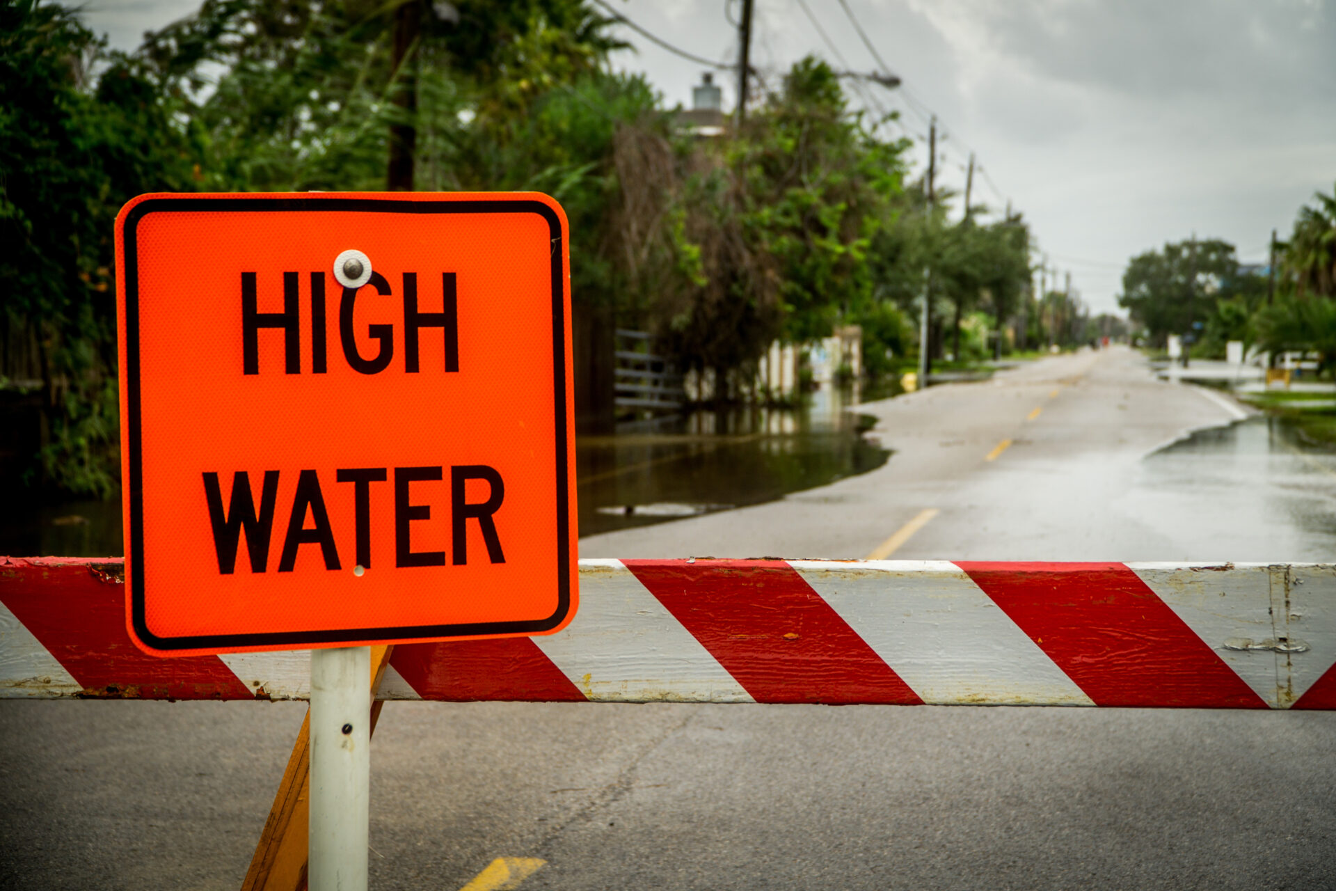 Sign after flooding by Eric Overton, I-Stock.