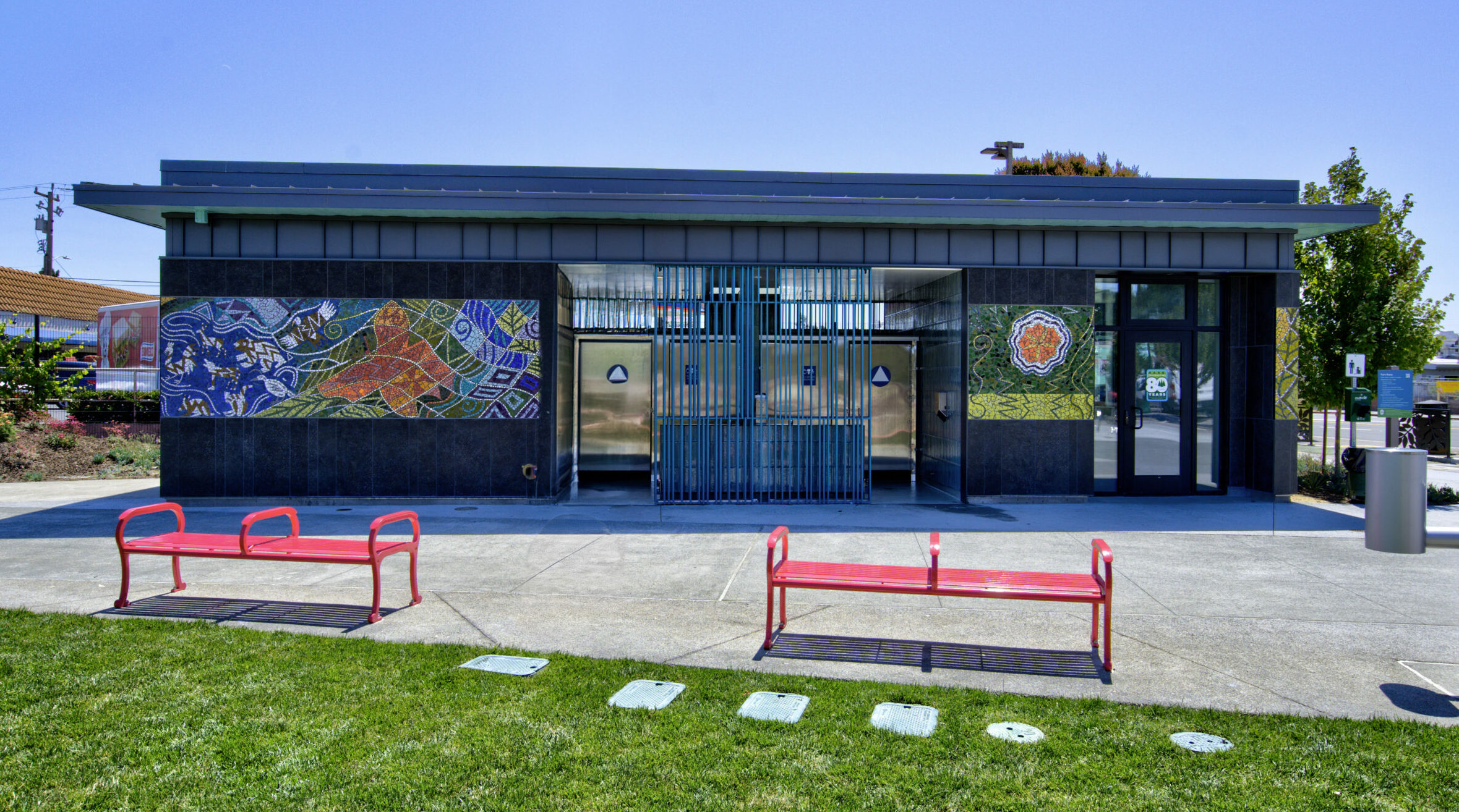 New restrooms, mural and demonstration garden at far left.