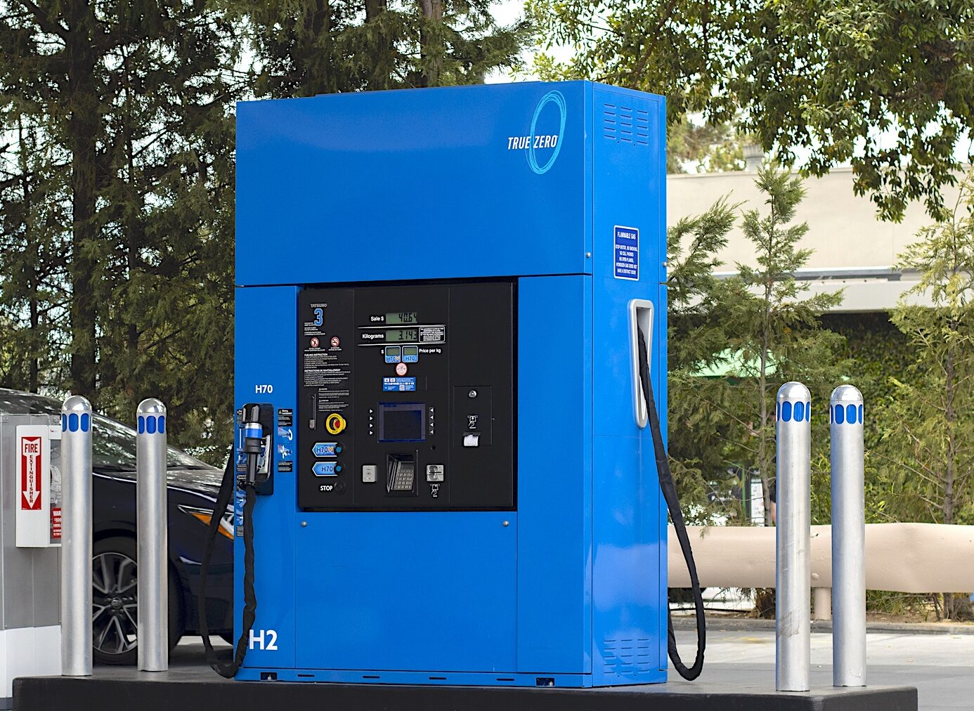 A hydrogen refueling pump at a gas station