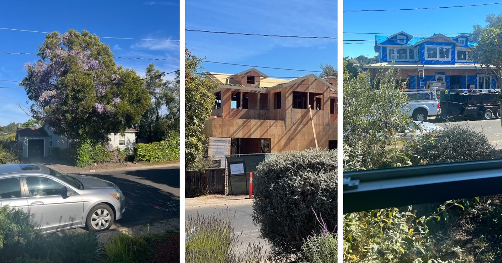 An unwelcome sight to many Marin County residents, the conversion of small “affordable” homes into bigger luxury homes, obscuring bucolic treelines, replacing permeable acreage with hard infrastrucutre, and changing the character of neighborhoods. Photos: Amy Kirsch