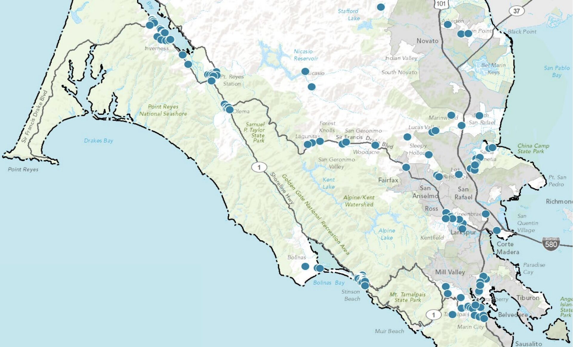 Candidate housing sites safe from fire and flood zones identified in the an update of Marin County Housing & Safety Elements in 2022. Map: Marin County Development Agency