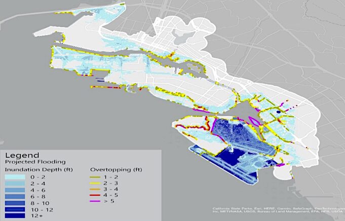 Map of sea level rise challenges around Oakland-Alameda Estuary