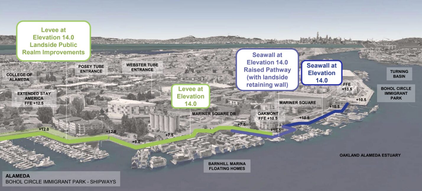 The near-term adaptation concept for Bohol Circle Immigrant Park to Shipways on the Okaland-Alameda shore. 