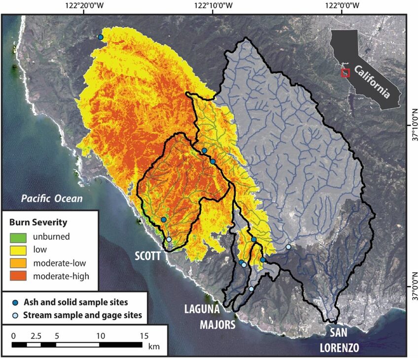 The 2020 CZU Lightning Complex Wildfire burn area. Map: Richardson et al. 2024