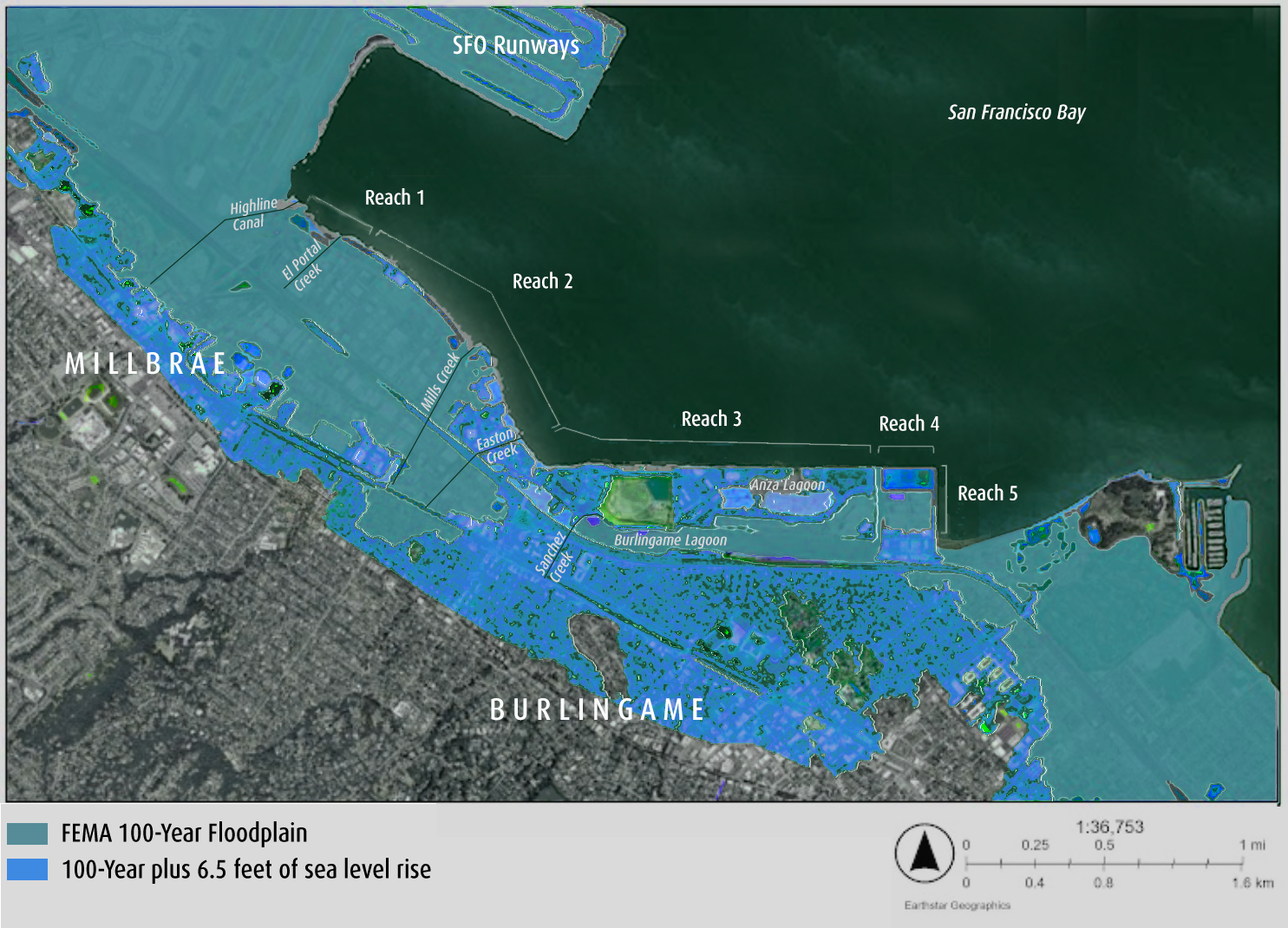 Flood risk to project area, which is divided into 5 reaches for planning purposes, along the Millbrae-Burlingame bayshore. “100-year” floods are becoming more frequent with climate change. Maps: OneShoreline